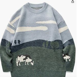 Grassland Cow Vintage Oversize Knitted Long Sleeve Sweater